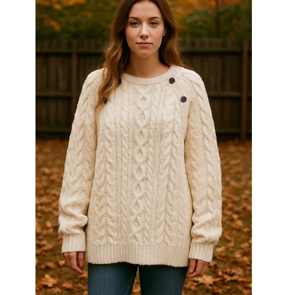 Coldwater Creek SZ XL Thick Chunky Cable Knit Fisherman Sweater Wood Buttons